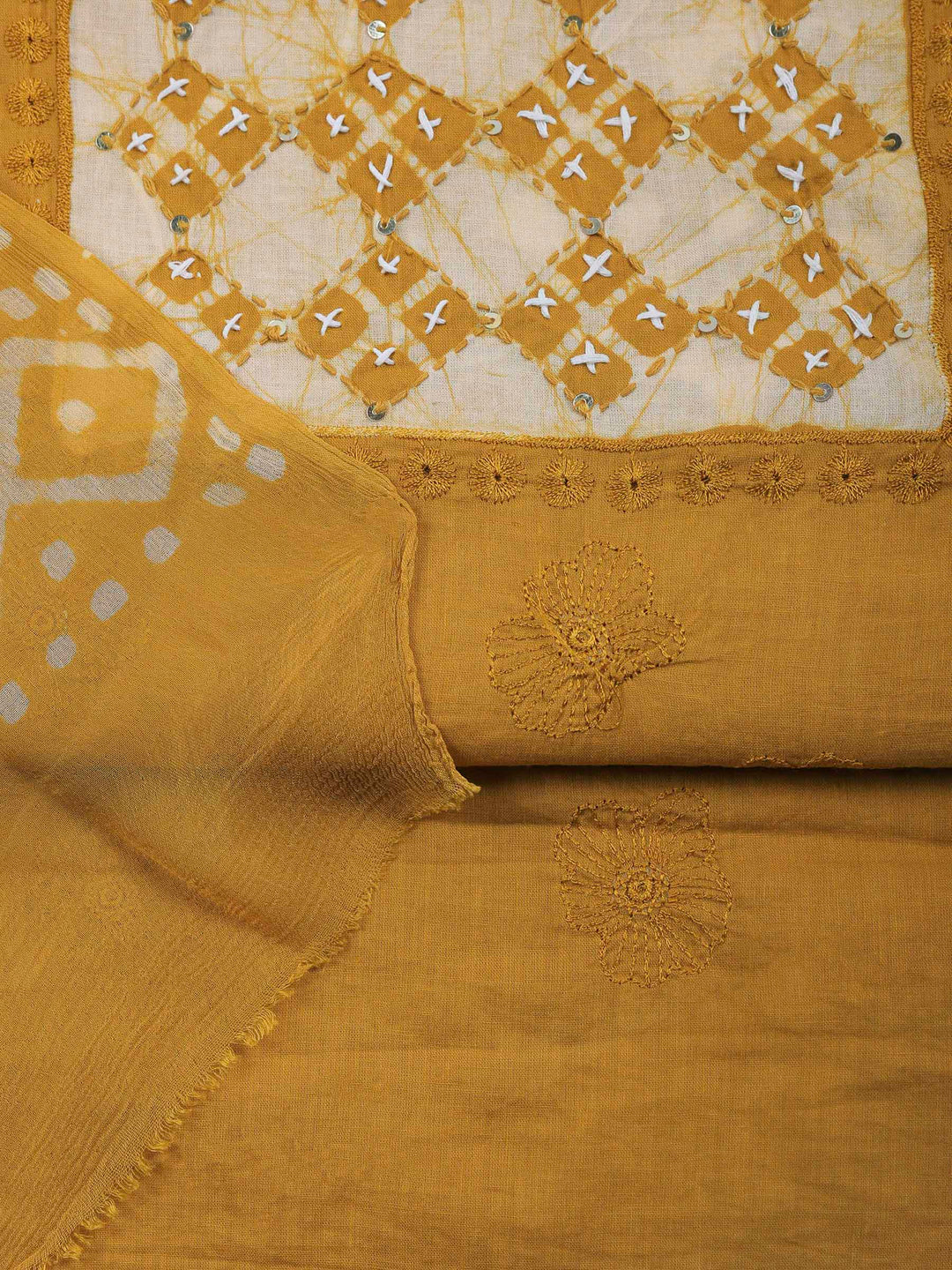 Embroidered Cotton Blend Unstitched Suit &amp; Pant With Cotton Dupatta