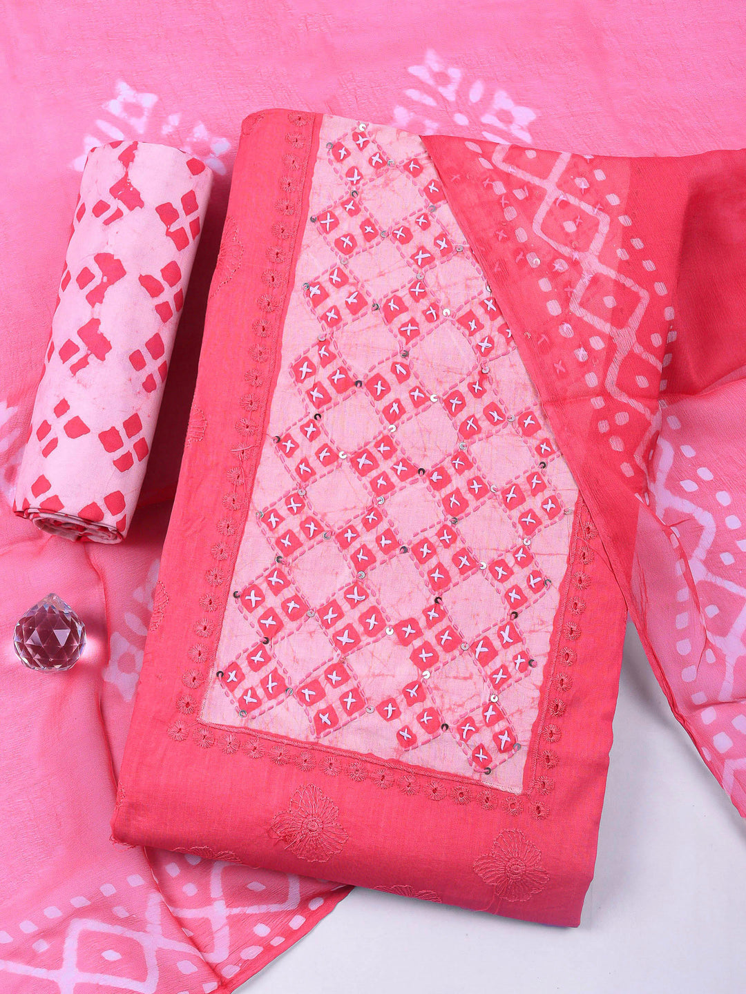 Embroidered Cotton Blend Unstitched Suit &amp; Pant With Cotton Dupatta