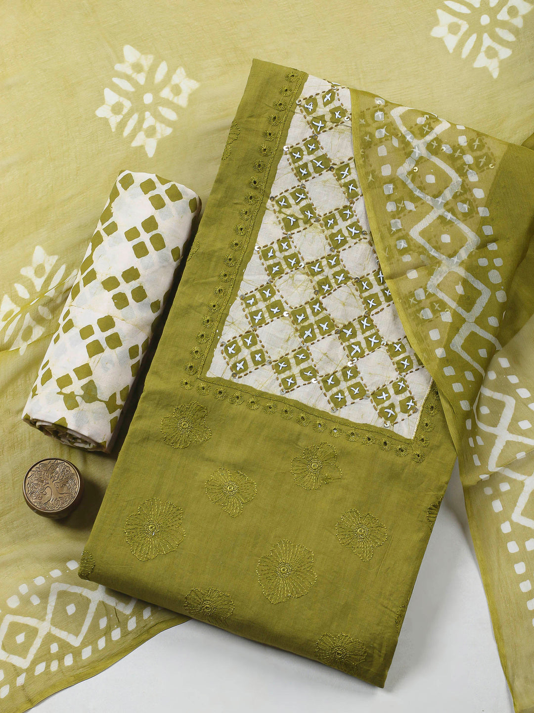Embroidered Cotton Blend Unstitched Suit &amp; Pant With Cotton Dupatta