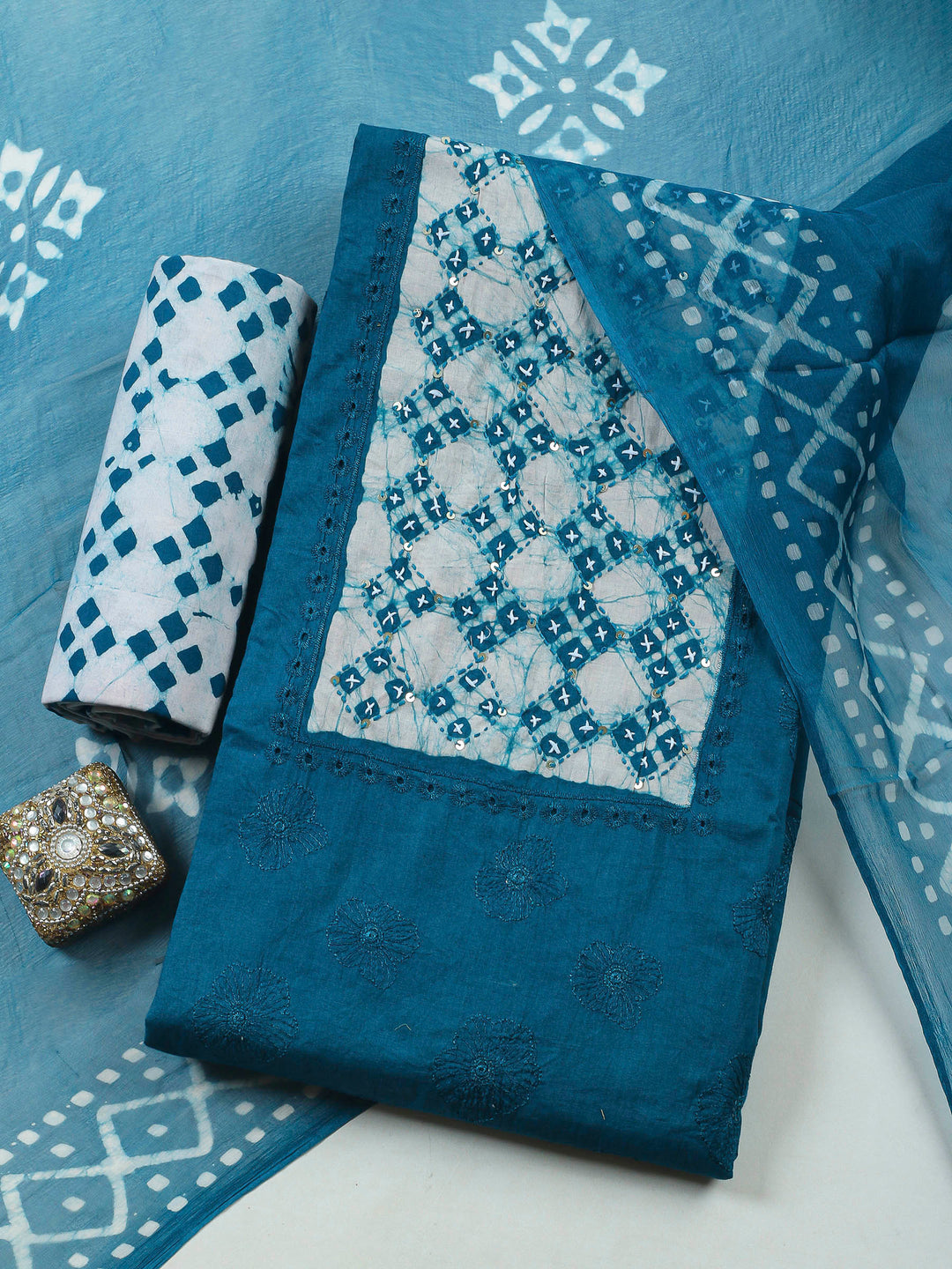Embroidered Cotton Blend Unstitched Suit &amp; Pant With Cotton Dupatta