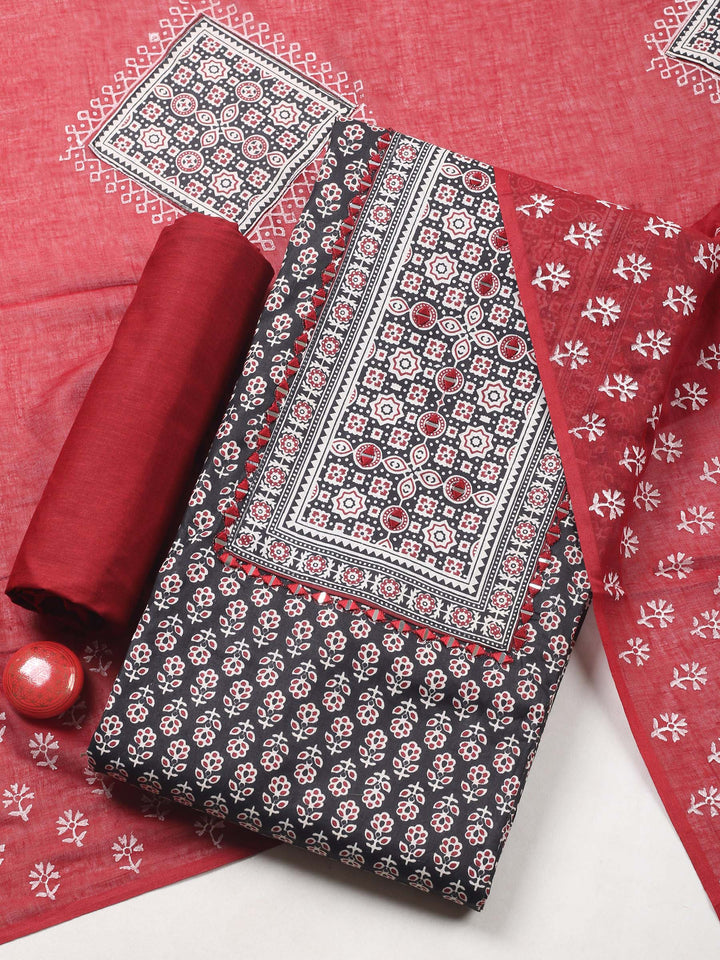 Black Printed Cotton Blend Unstitched Suit &amp; Pant With Cotton Dupatta
