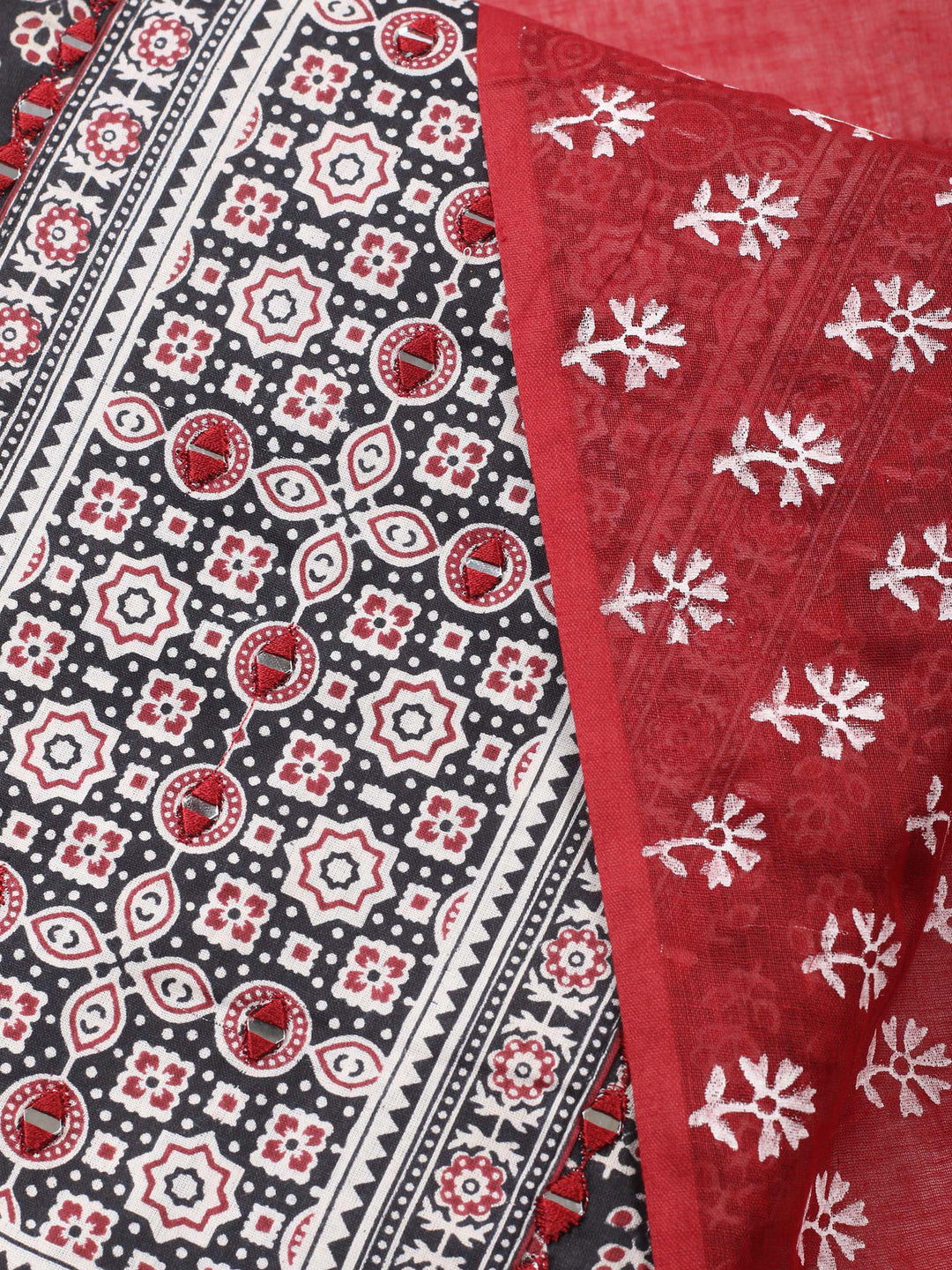 Black Printed Cotton Blend Unstitched Suit &amp; Pant With Cotton Dupatta