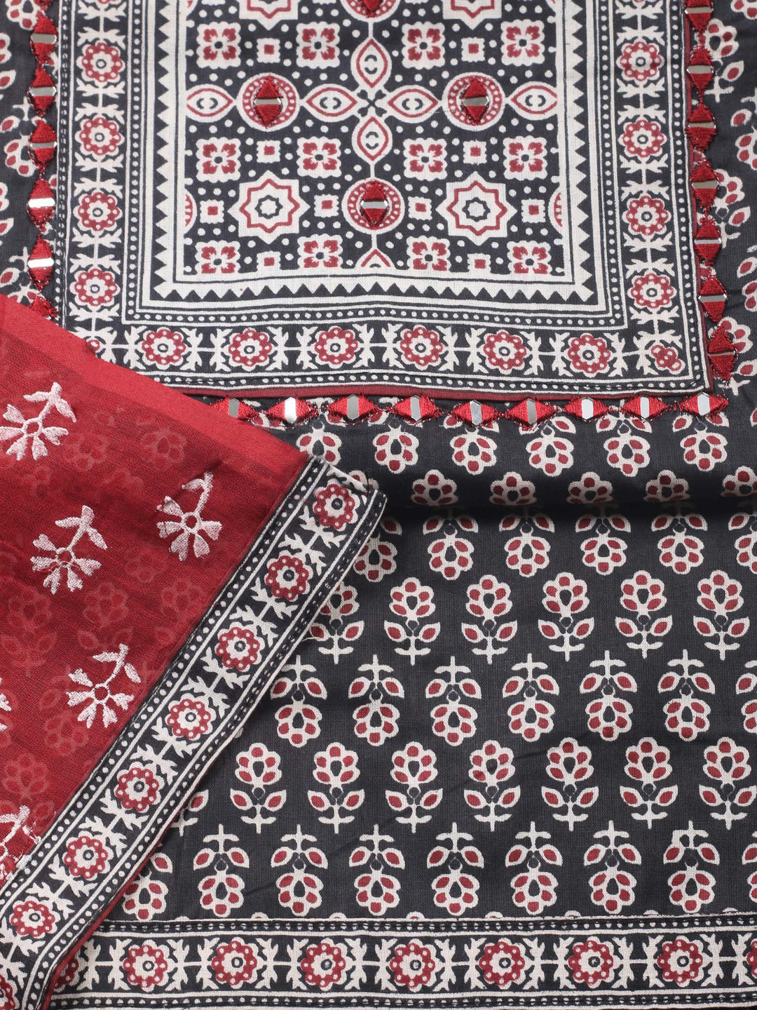 Black Printed Cotton Blend Unstitched Suit &amp; Pant With Cotton Dupatta