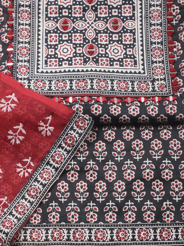 Black Printed Cotton Blend Unstitched Suit &amp; Pant With Cotton Dupatta