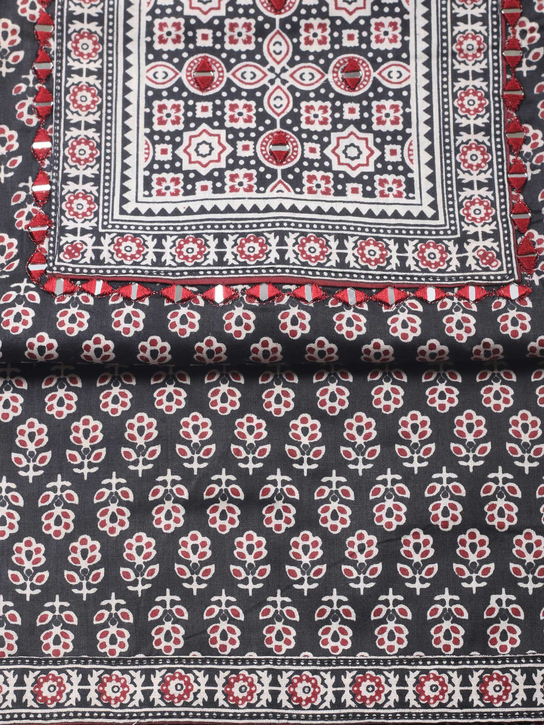 Black Printed Cotton Blend Unstitched Suit &amp; Pant With Cotton Dupatta