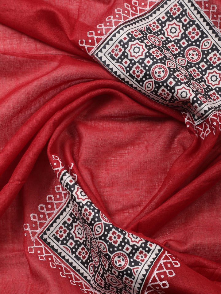 Black Printed Cotton Blend Unstitched Suit &amp; Pant With Cotton Dupatta