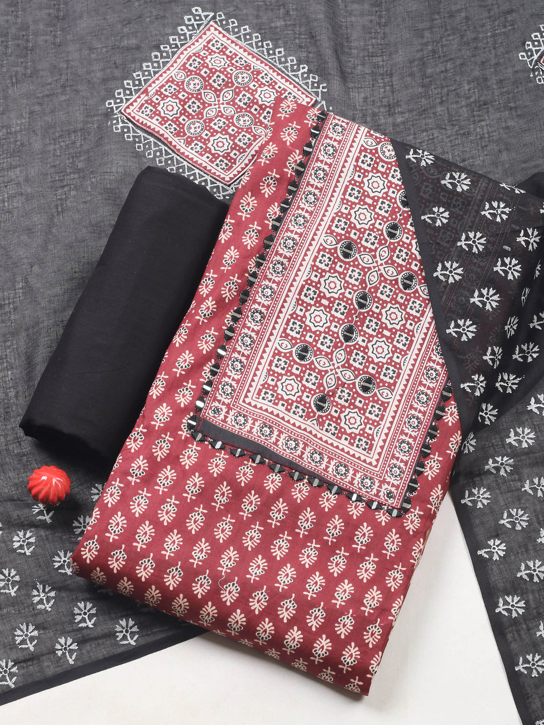 Maroon Printed Cotton Blend Unstitched Suit &amp; Pant With Cotton Dupatta