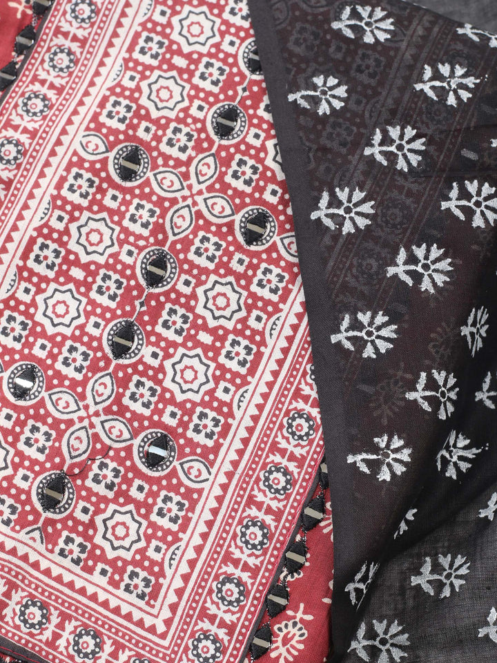 Maroon Printed Cotton Blend Unstitched Suit &amp; Pant With Cotton Dupatta