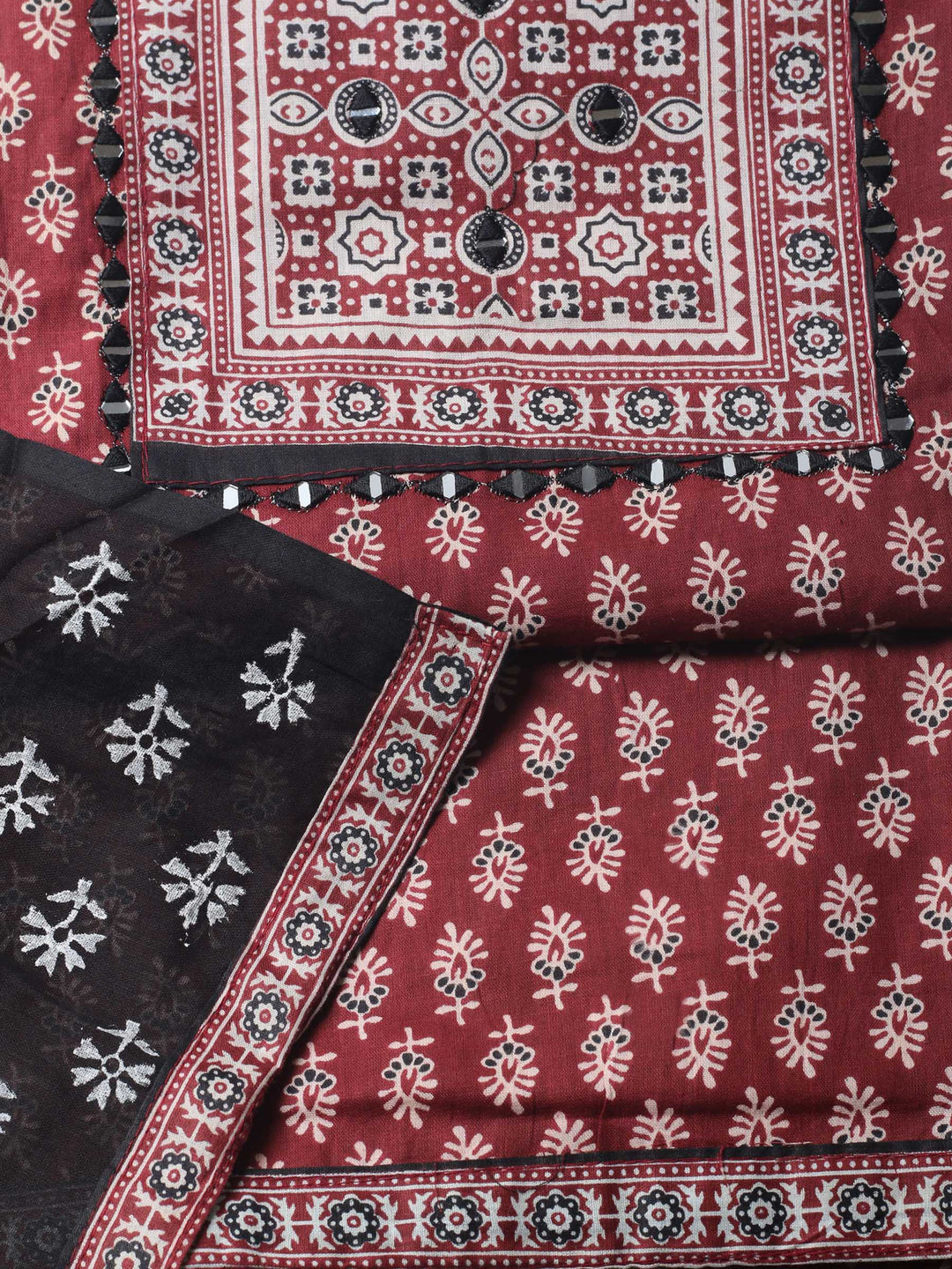 Maroon Printed Cotton Blend Unstitched Suit &amp; Pant With Cotton Dupatta