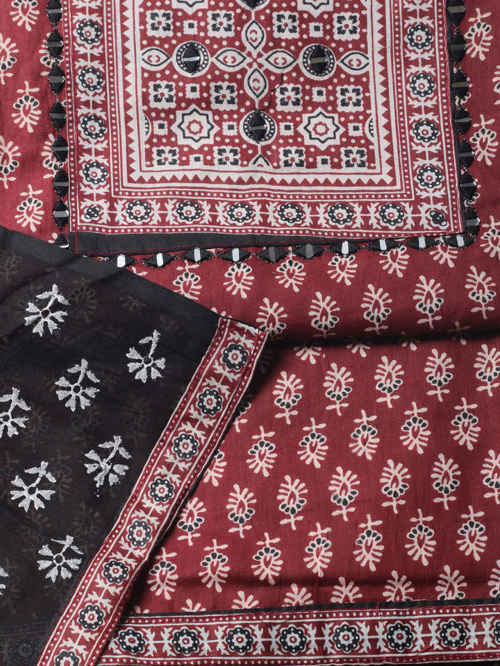 Maroon Printed Cotton Blend Unstitched Suit &amp; Pant With Cotton Dupatta