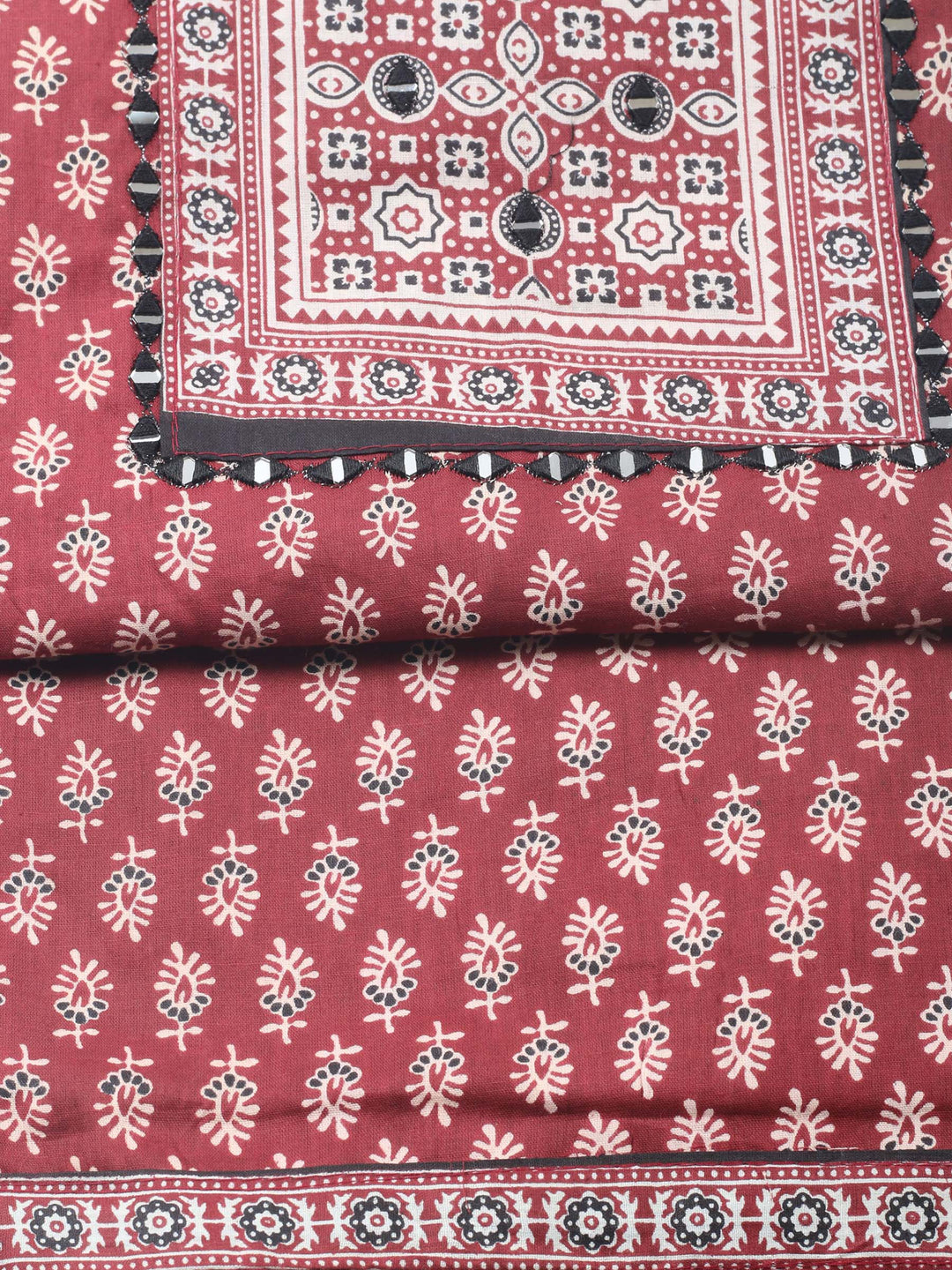 Maroon Printed Cotton Blend Unstitched Suit &amp; Pant With Cotton Dupatta