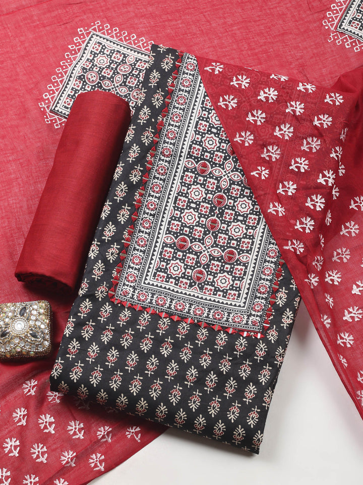 Black Printed Cotton Blend Unstitched Suit &amp; Pant With Cotton Dupatta