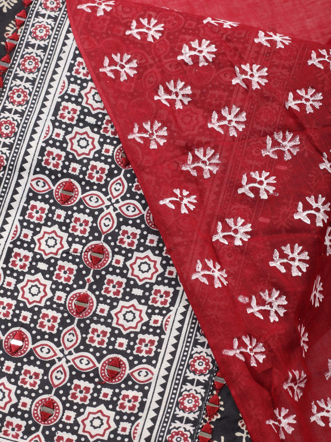 Black Printed Cotton Blend Unstitched Suit &amp; Pant With Cotton Dupatta
