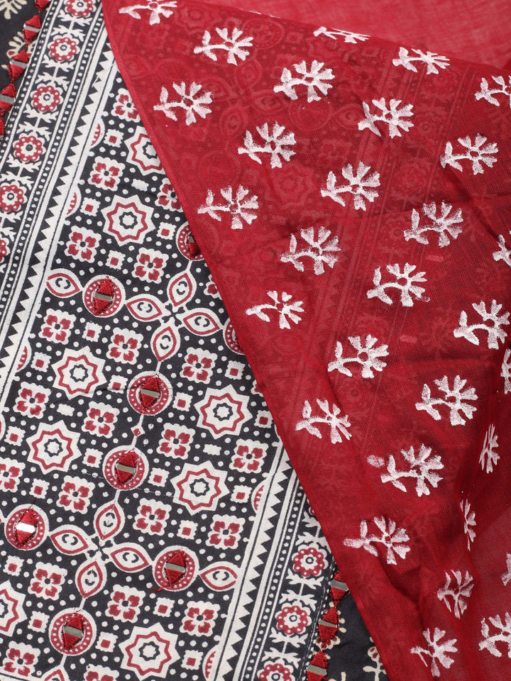 Black Printed Cotton Blend Unstitched Suit &amp; Pant With Cotton Dupatta
