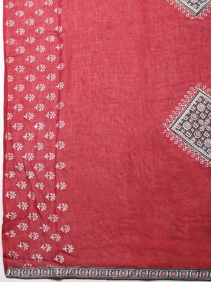 Black Printed Cotton Blend Unstitched Suit &amp; Pant With Cotton Dupatta