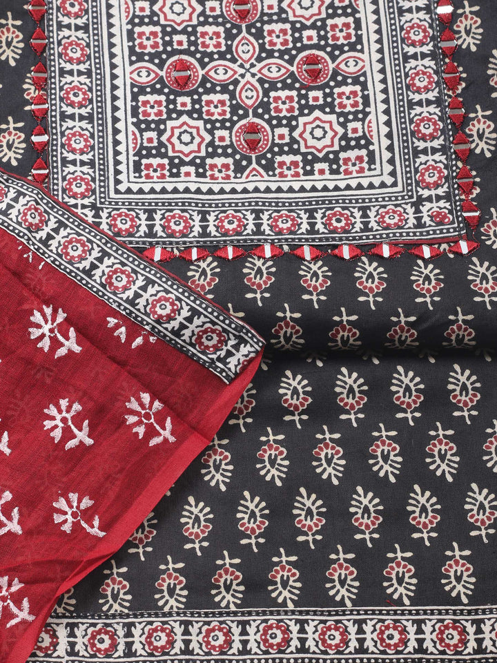 Black Printed Cotton Blend Unstitched Suit &amp; Pant With Cotton Dupatta