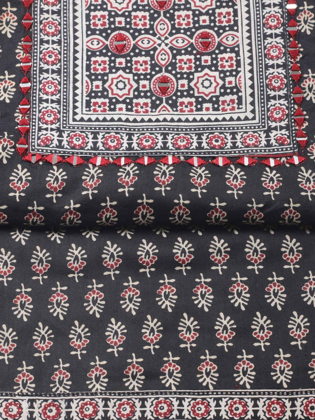 Black Printed Cotton Blend Unstitched Suit &amp; Pant With Cotton Dupatta