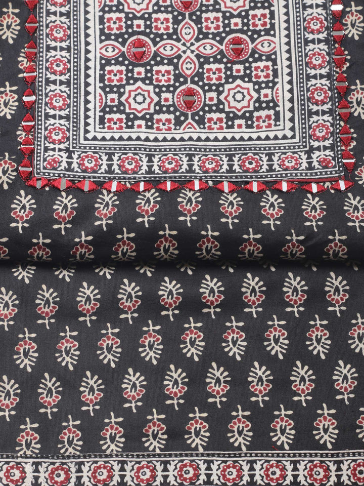 Black Printed Cotton Blend Unstitched Suit &amp; Pant With Cotton Dupatta
