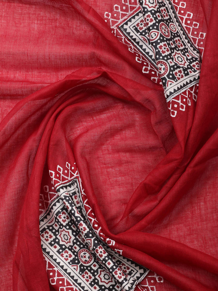 Black Printed Cotton Blend Unstitched Suit &amp; Pant With Cotton Dupatta