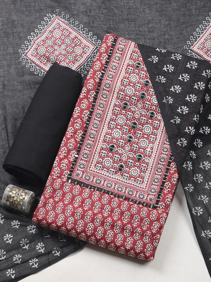 Maroon Printed Cotton Blend Unstitched Suit &amp; Pant With Cotton Dupatta