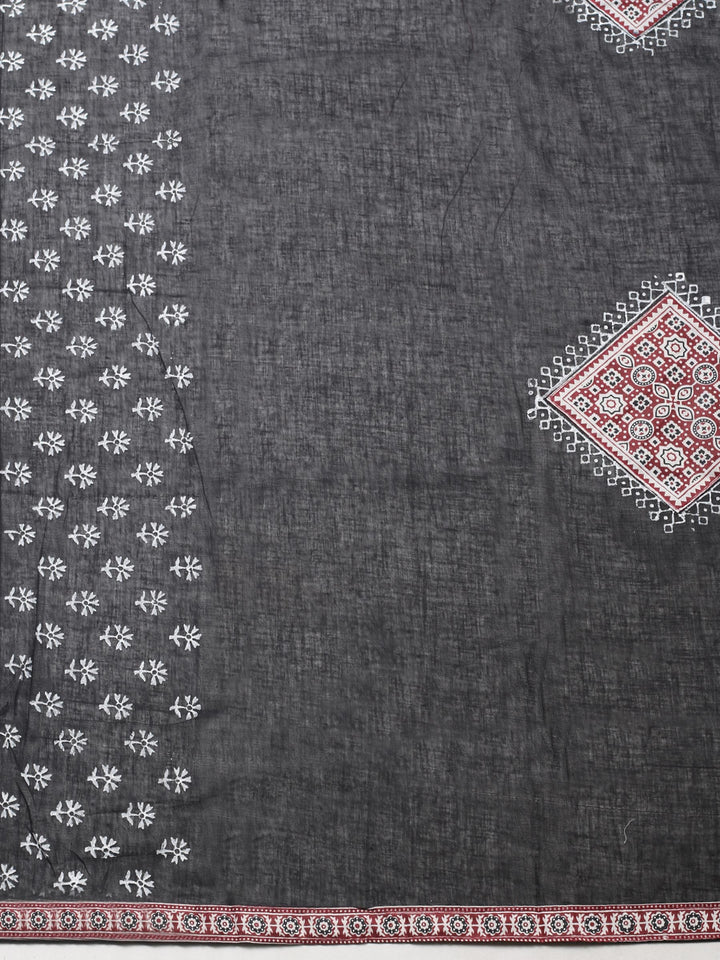 Maroon Printed Cotton Blend Unstitched Suit &amp; Pant With Cotton Dupatta