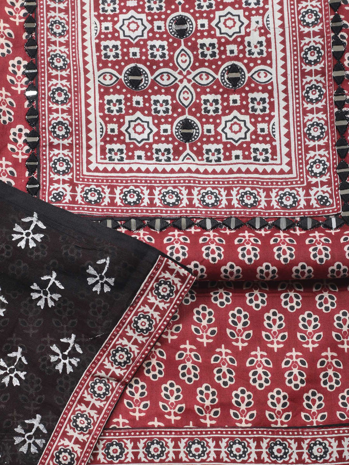 Maroon Printed Cotton Blend Unstitched Suit &amp; Pant With Cotton Dupatta