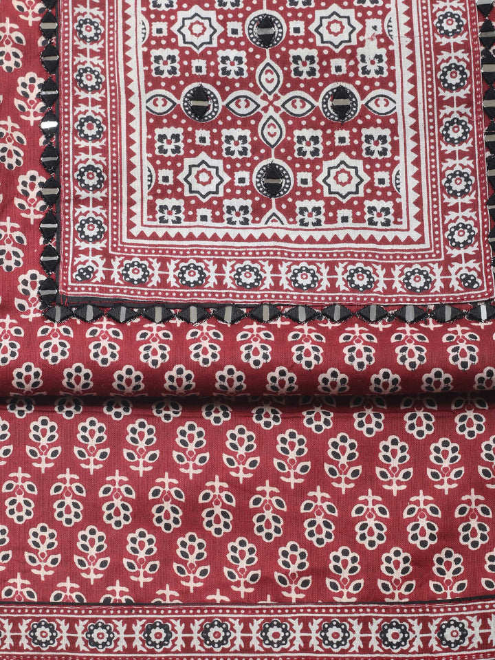 Maroon Printed Cotton Blend Unstitched Suit &amp; Pant With Cotton Dupatta