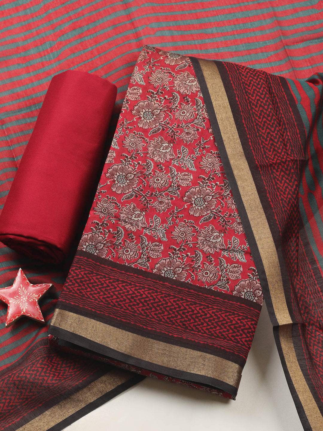 Maroon Printed Chanderi Unstitched Suit &amp; Pant With Chanderi Dupatta