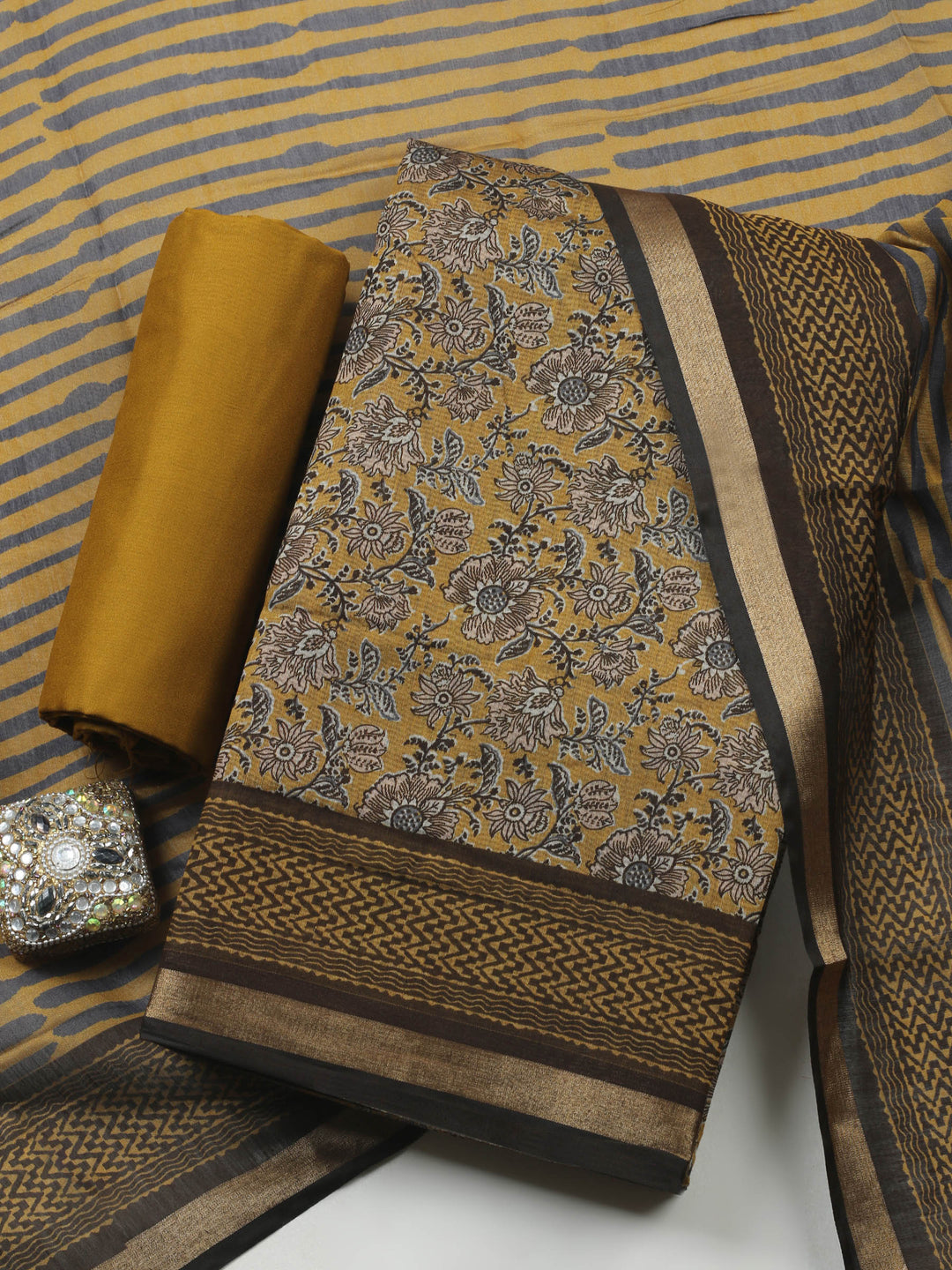 Mustard Printed Chanderi Unstitched Suit &amp; Pant With Chanderi Dupatta