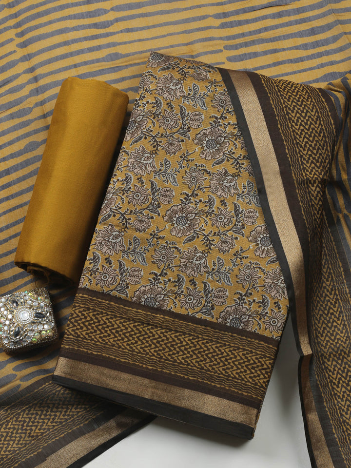 Mustard Printed Chanderi Unstitched Suit &amp; Pant With Chanderi Dupatta