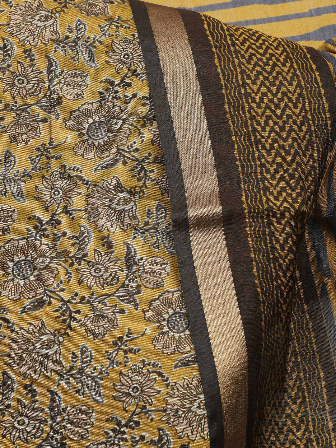 Mustard Printed Chanderi Unstitched Suit &amp; Pant With Chanderi Dupatta