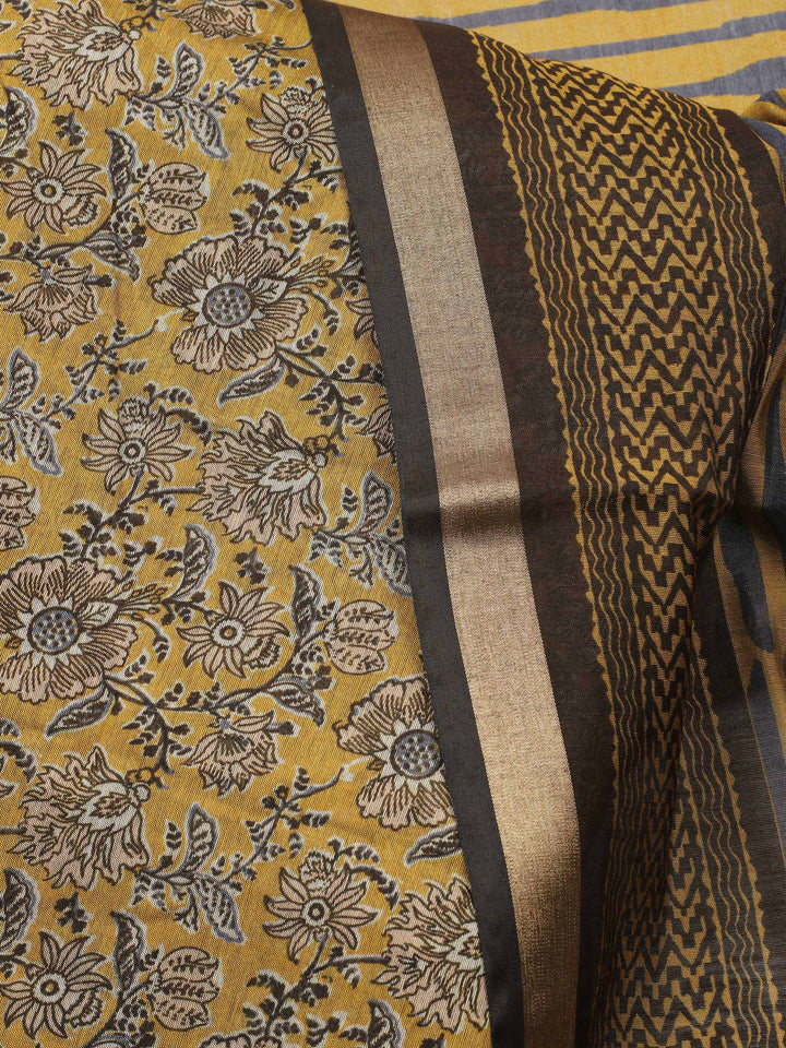 Mustard Printed Chanderi Unstitched Suit &amp; Pant With Chanderi Dupatta