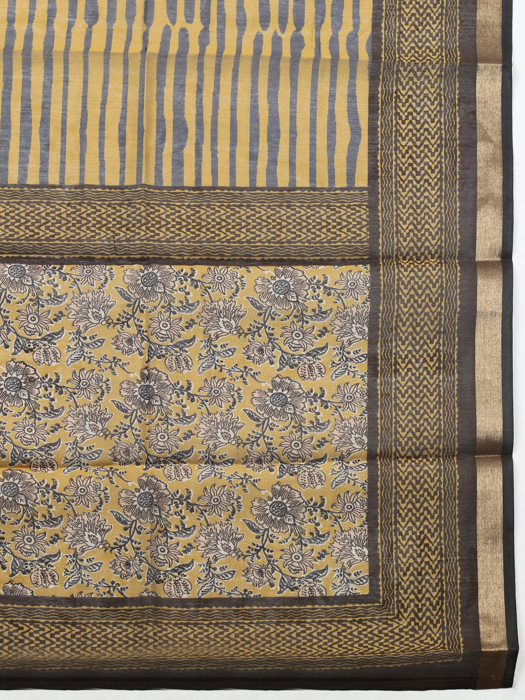 Mustard Printed Chanderi Unstitched Suit &amp; Pant With Chanderi Dupatta