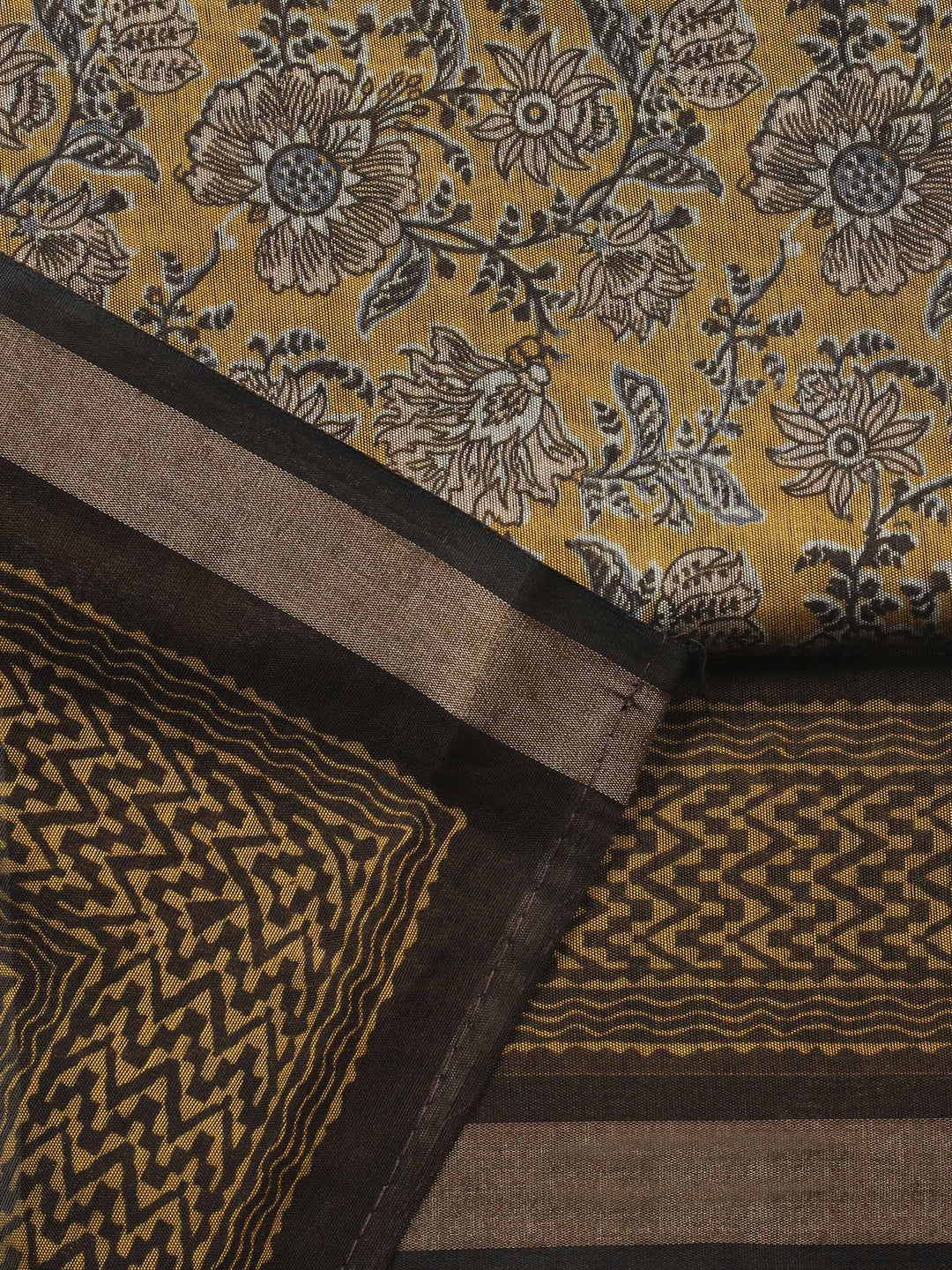 Mustard Printed Chanderi Unstitched Suit &amp; Pant With Chanderi Dupatta