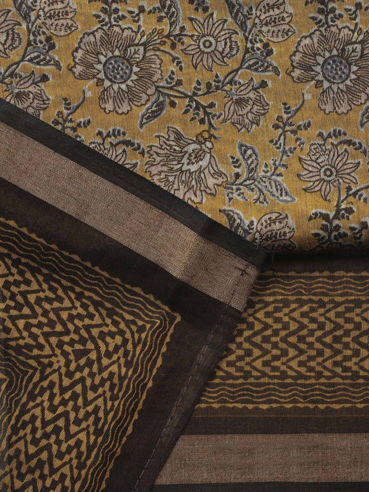 Mustard Printed Chanderi Unstitched Suit &amp; Pant With Chanderi Dupatta