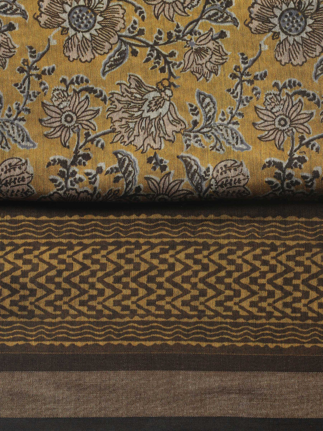 Mustard Printed Chanderi Unstitched Suit &amp; Pant With Chanderi Dupatta