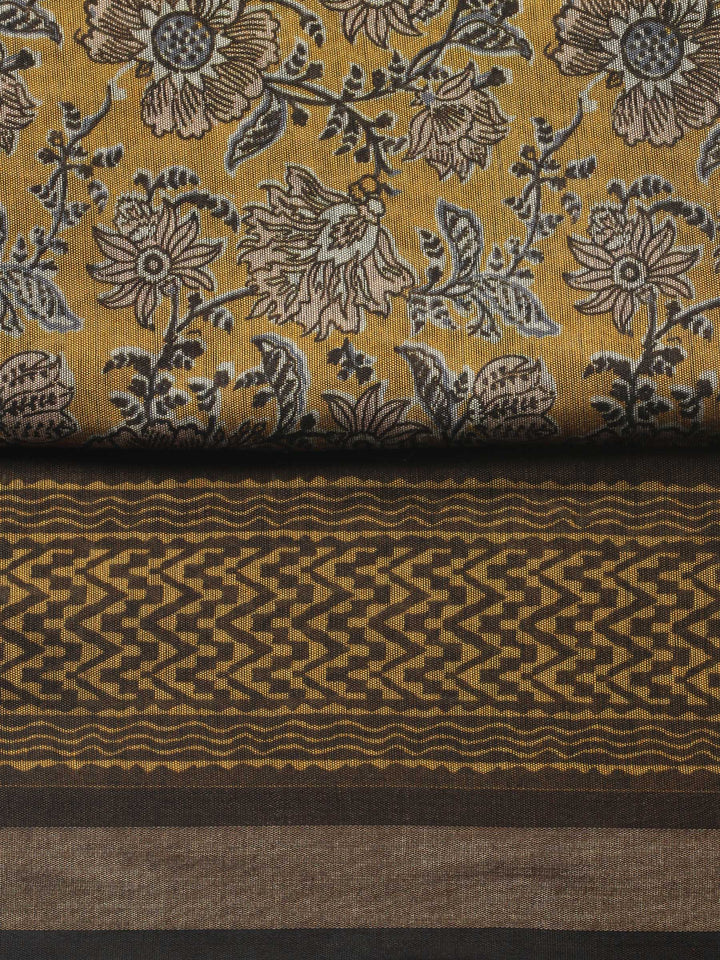 Mustard Printed Chanderi Unstitched Suit &amp; Pant With Chanderi Dupatta