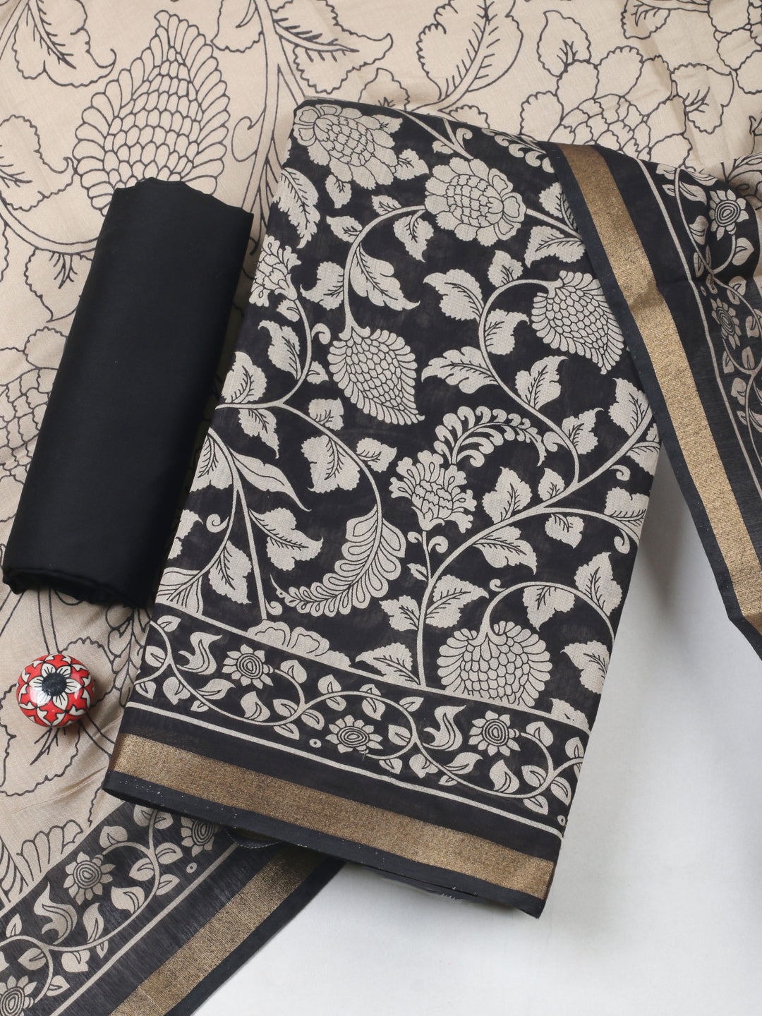Black Printed Cotton Blend Unstitched Dress Material