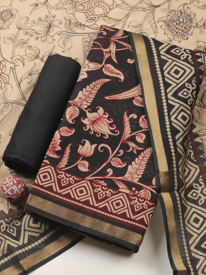 Black Printed Chanderi Unstitched Suit &amp; Pant With Chanderi Dupatta