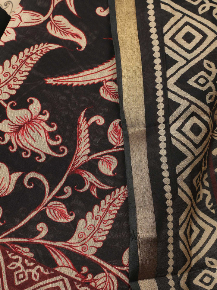 Black Printed Chanderi Unstitched Suit &amp; Pant With Chanderi Dupatta