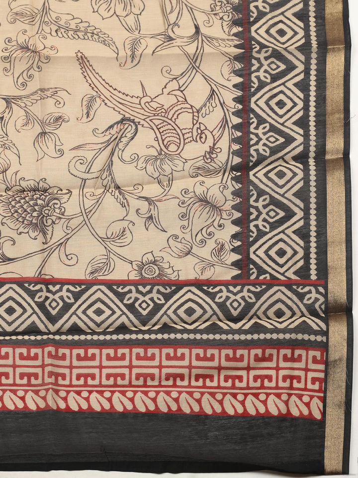 Black Printed Chanderi Unstitched Suit &amp; Pant With Chanderi Dupatta