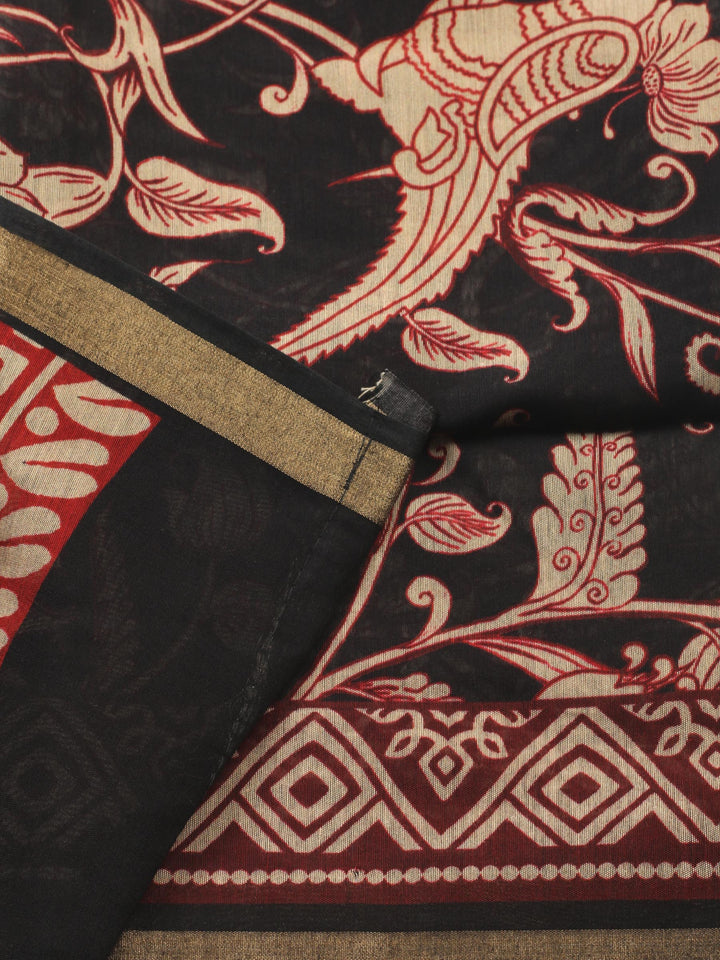 Black Printed Chanderi Unstitched Suit &amp; Pant With Chanderi Dupatta