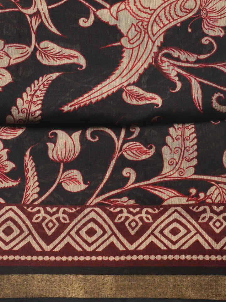 Black Printed Chanderi Unstitched Suit &amp; Pant With Chanderi Dupatta