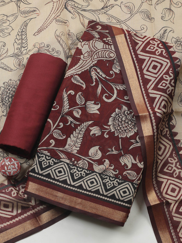 Maroon Printed Chanderi Unstitched Suit &amp; Pant With Chanderi Dupatta