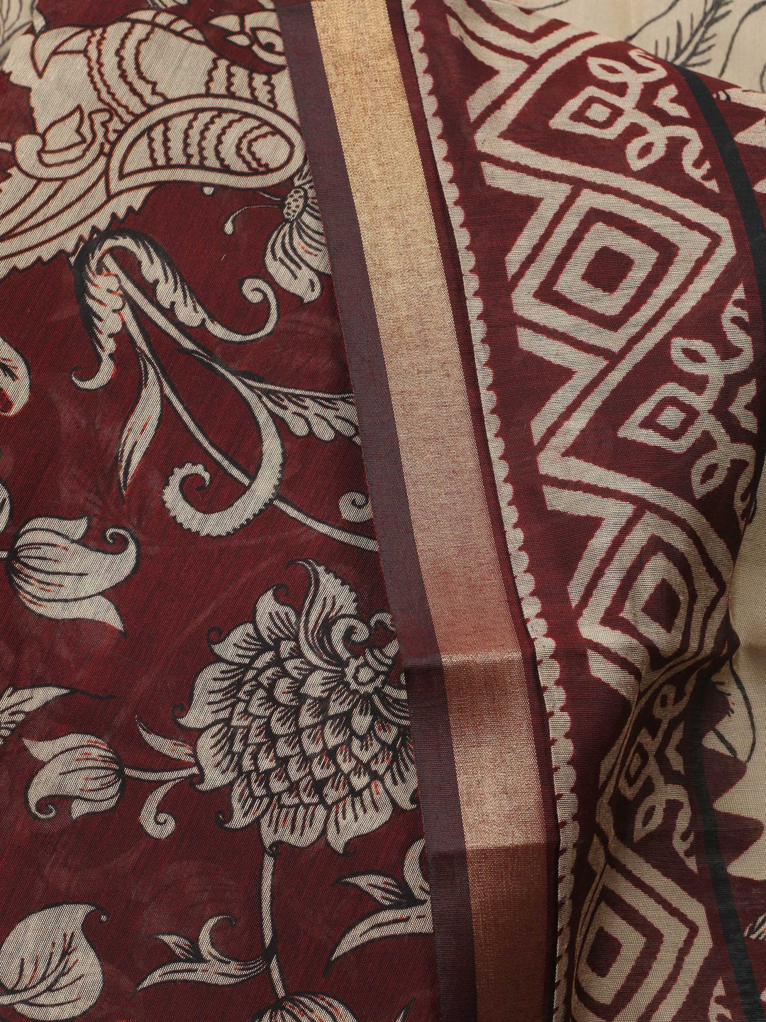 Maroon Printed Chanderi Unstitched Suit &amp; Pant With Chanderi Dupatta