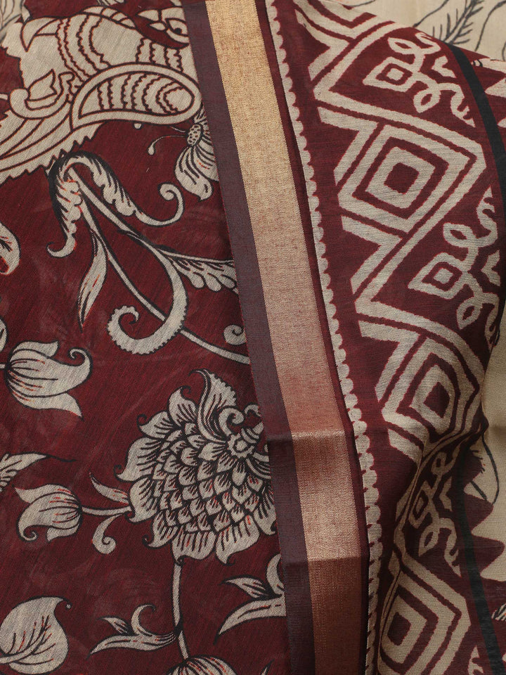 Maroon Printed Chanderi Unstitched Suit &amp; Pant With Chanderi Dupatta