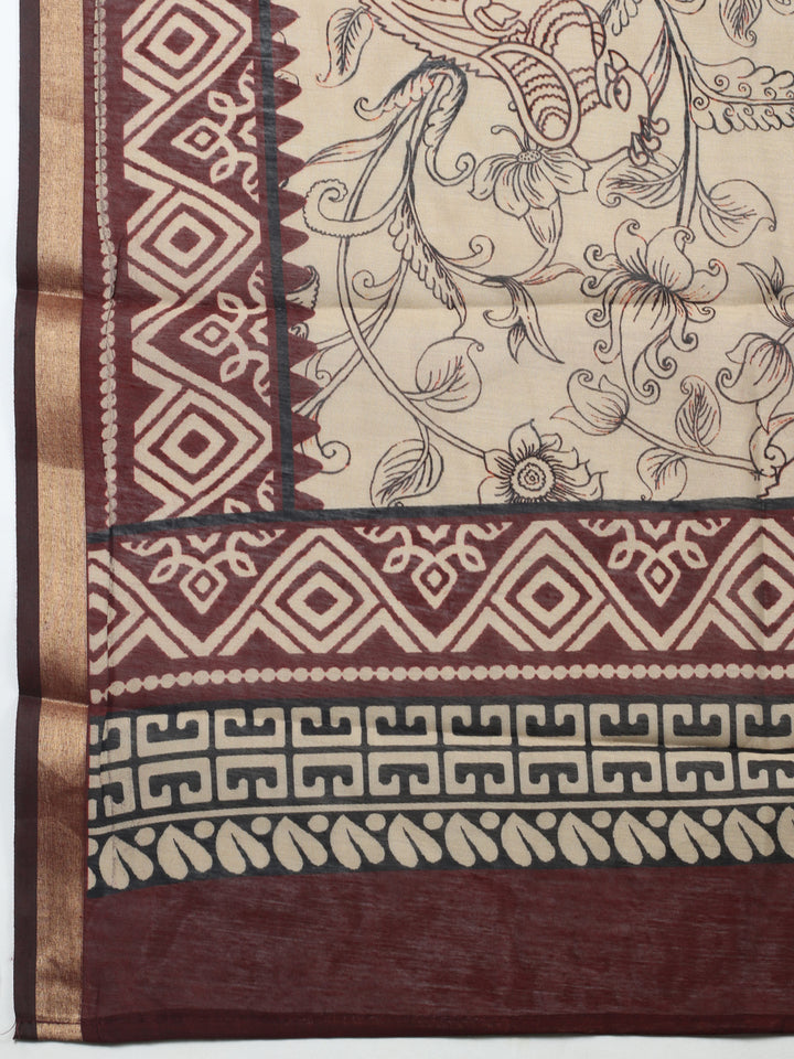 Maroon Printed Chanderi Unstitched Suit &amp; Pant With Chanderi Dupatta