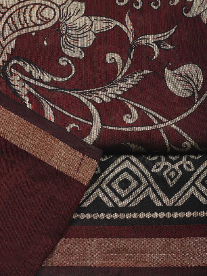 Maroon Printed Chanderi Unstitched Suit &amp; Pant With Chanderi Dupatta