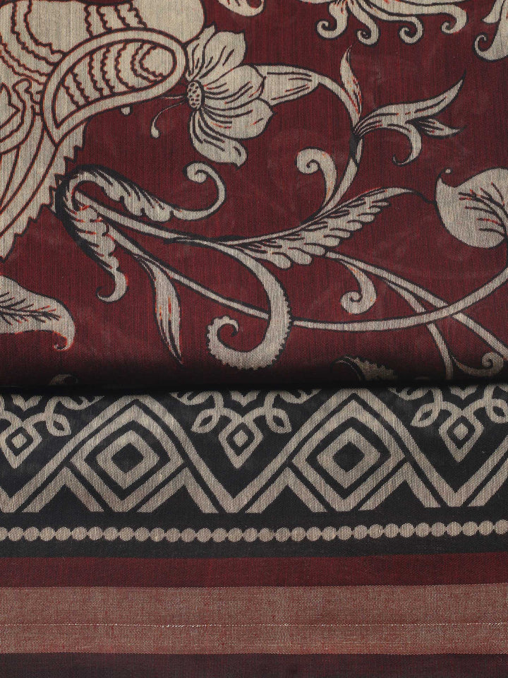 Maroon Printed Chanderi Unstitched Suit &amp; Pant With Chanderi Dupatta
