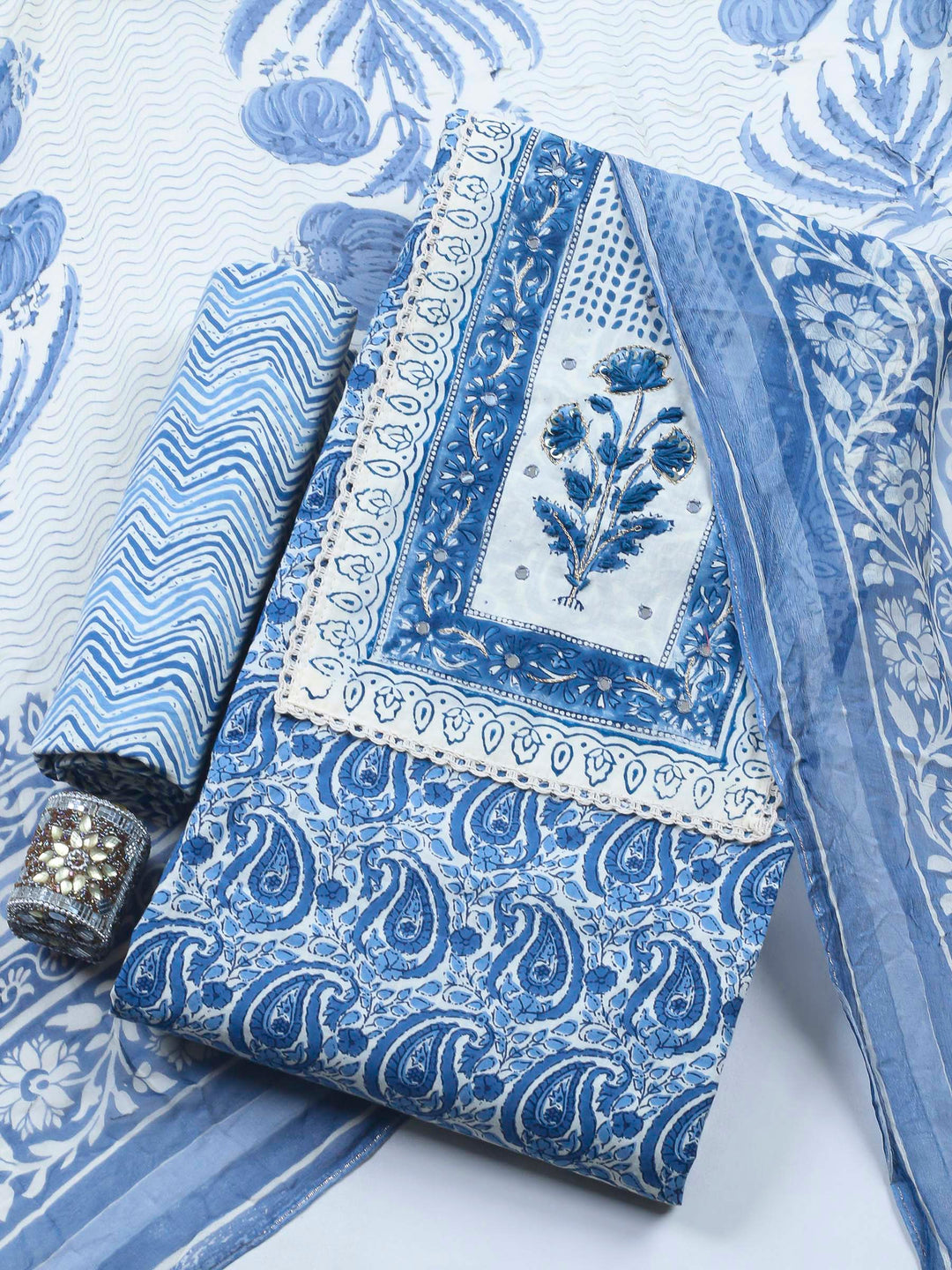 Printed Cotton Blend Unstitched Suit &amp; Pant With Cotton Dupatta
